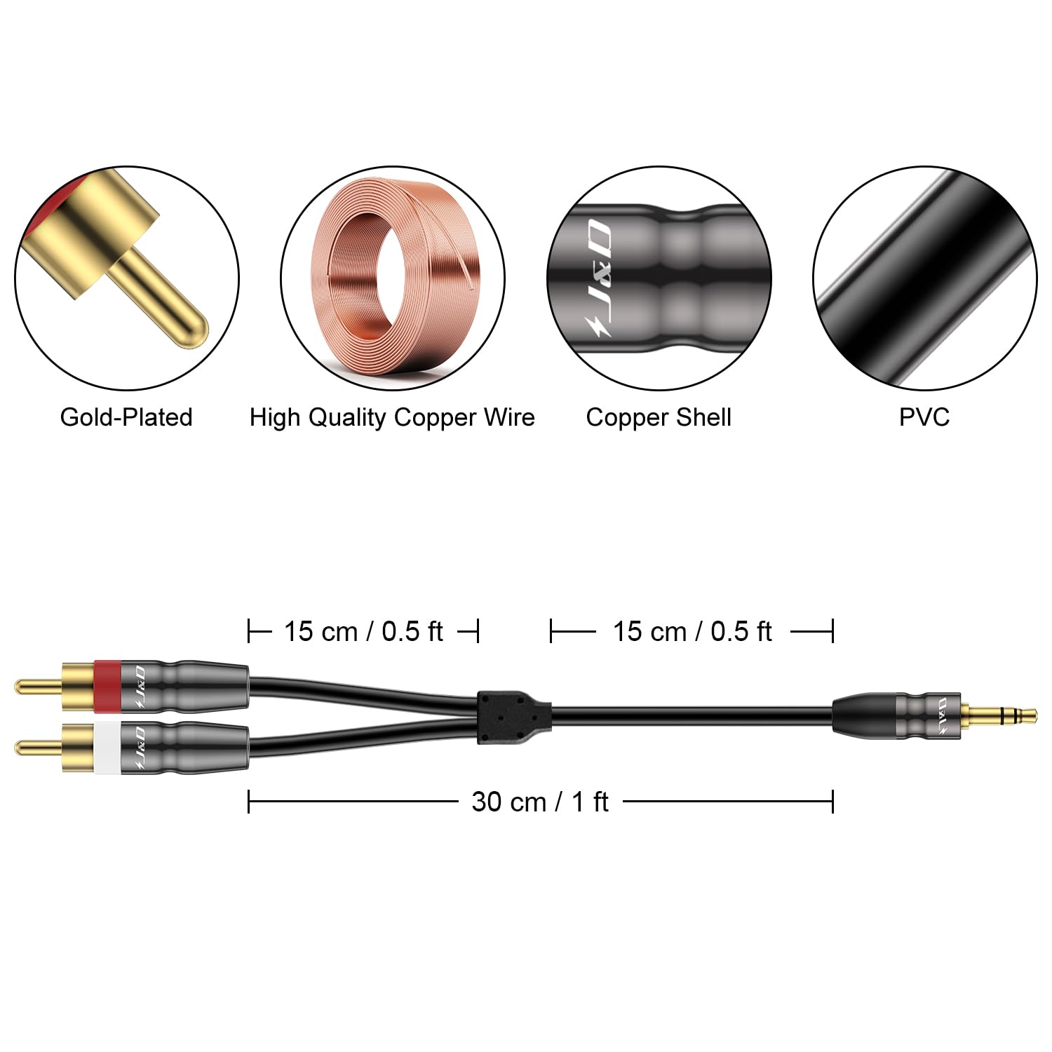 J&D 3.5 mm to Dual RCA Male Stereo Audio Cable, Heavy Duty RCA Ca by J&D - Angle View 3