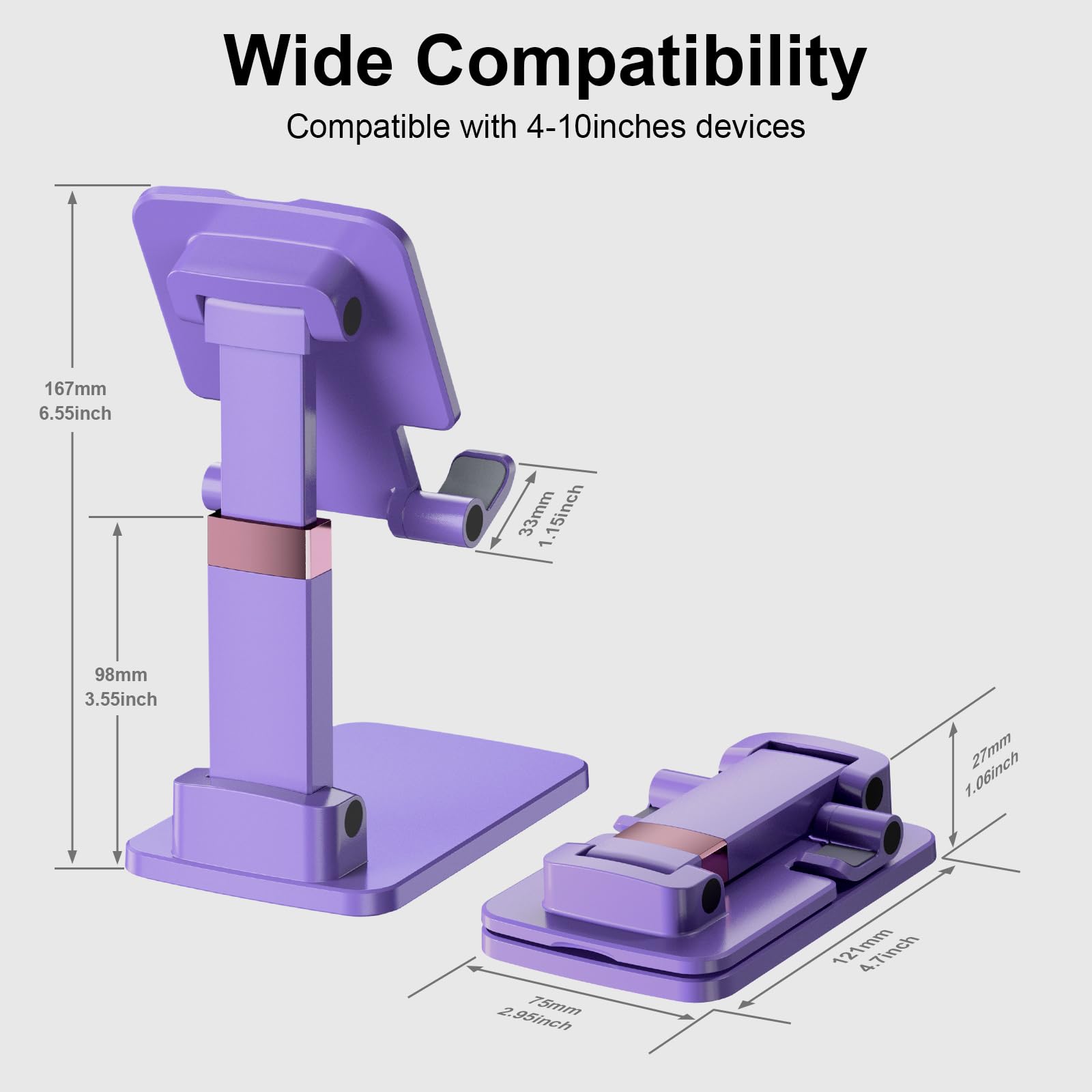 Cute Meizigua portable cell phone stand holding an iPhone, perfect for desk or office use, compact and lightweight electronic device holder.