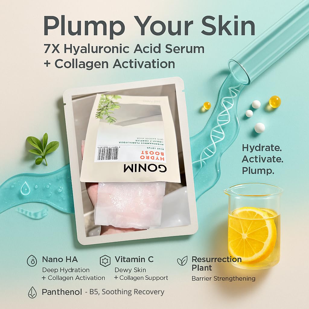 Korean Face Mask, Hydrating Sheet Mask with Hyaluronic Acid Serum - GONIM