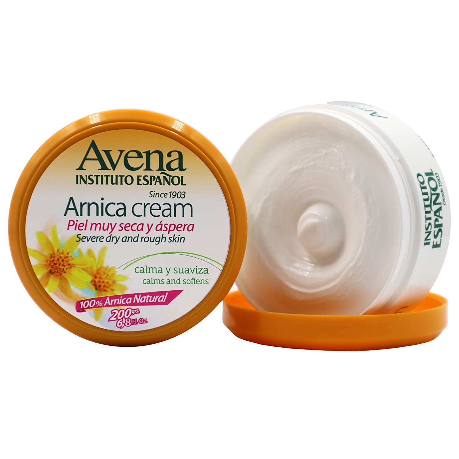 Avena Instituto Espanol Arnica Cream 2-pack of skin moisturizer jars, 6.8 oz each, with herbal ingredients and soothing texture.