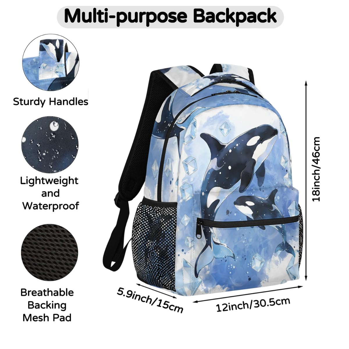 AUUXVA kids backpack with killer whale design, large waterproof ocean watercolor school bag, suitable for students and teens