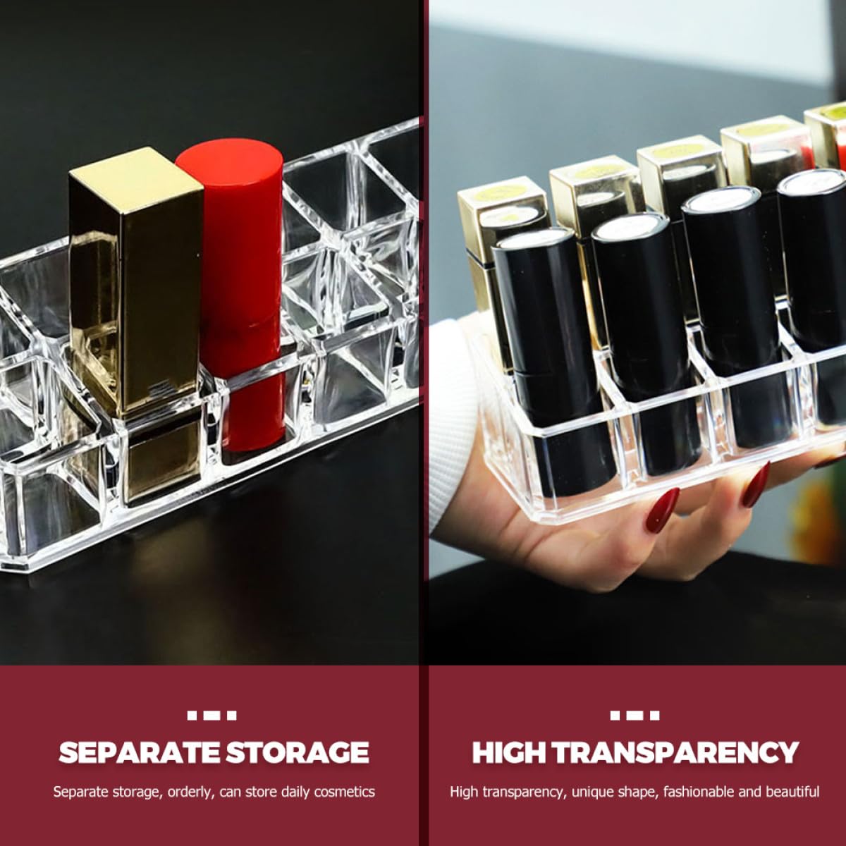 Sewroro 2-pack lipstick and lip gloss organizer caddy with 12 slots, double-layer cosmetic storage for vanity and makeup table.