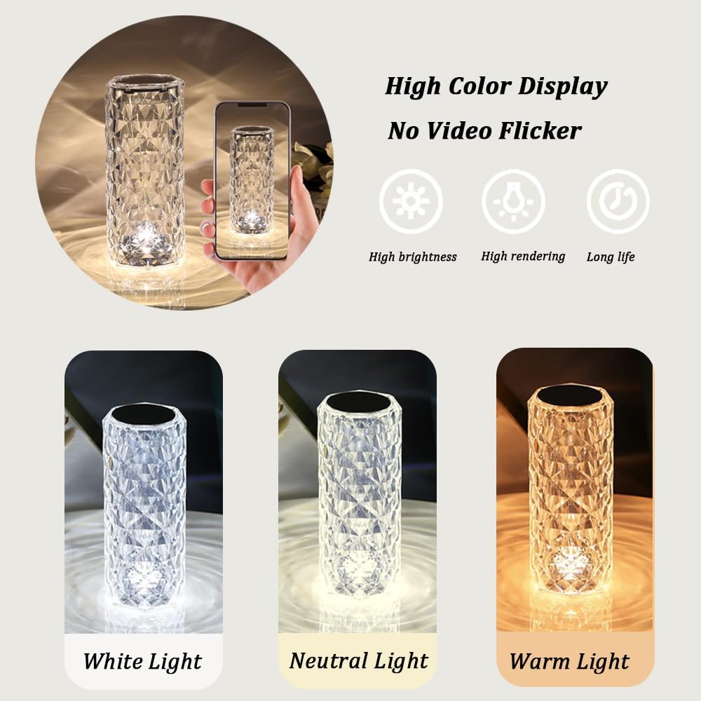 Leroxo portable crystal table lamp with touch control, rechargeable, featuring three adjustable color settings and a sleek crystal design.