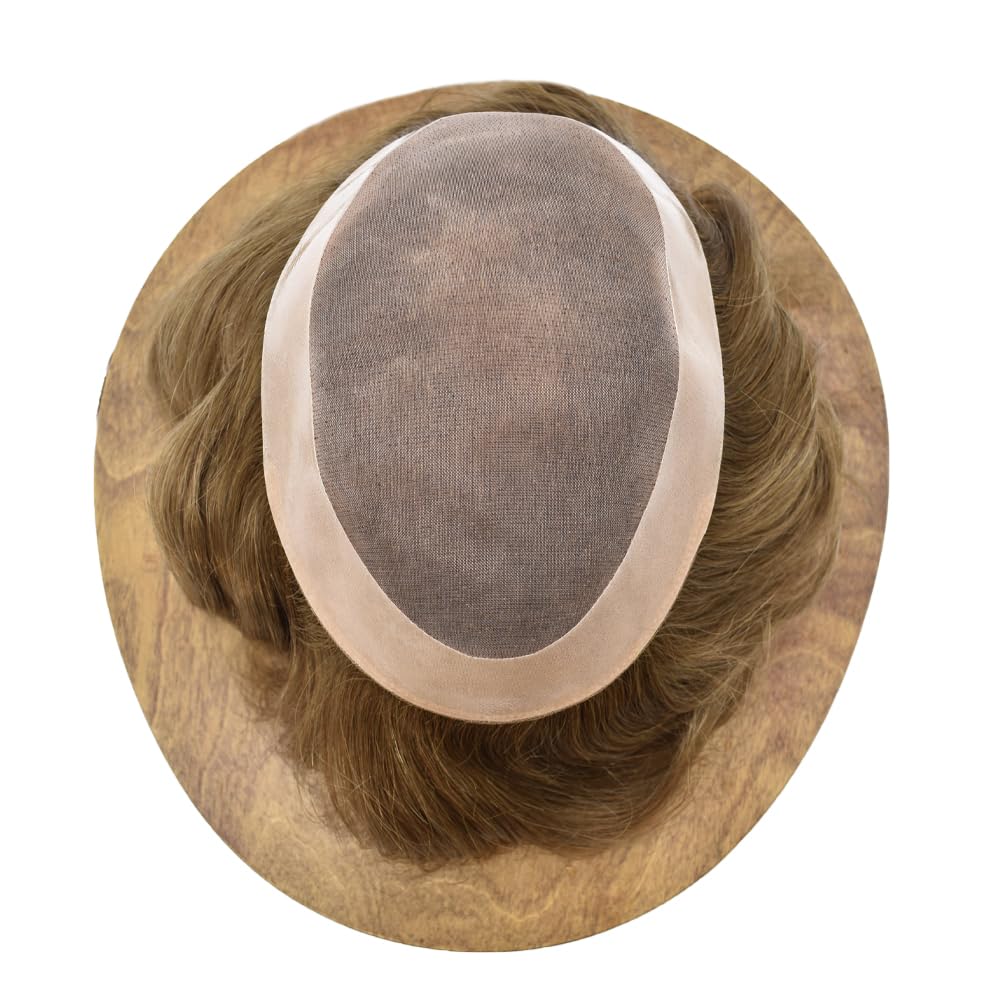 Curve Hair Mens Toupee Human Hair Piece Replacement System Monofilament Wig Hair Unit for Men Durable Poly Coated Mens Hairpiece (#720 Very Light Brown+20% Gray, 7"X9")