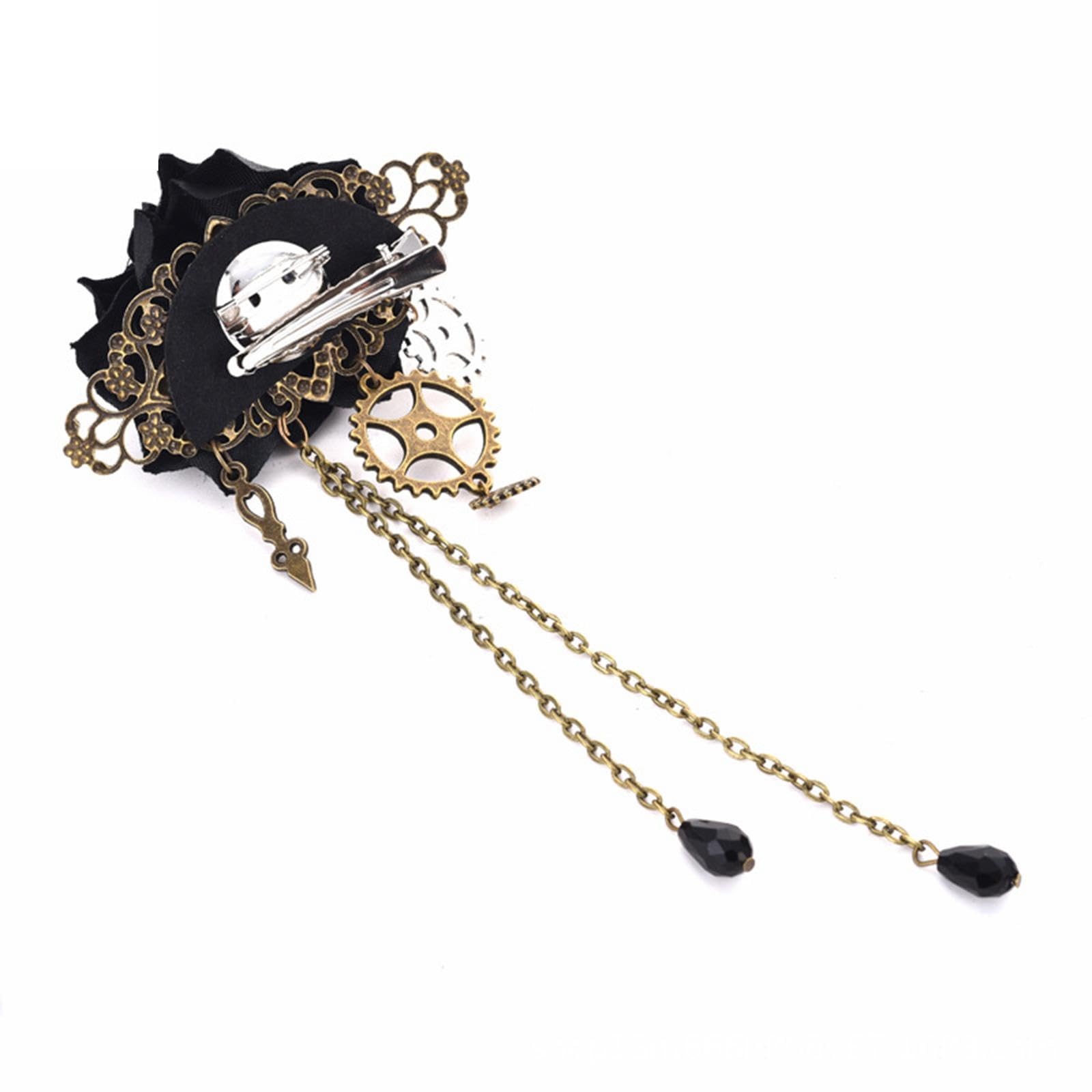 Gold steampunk tassel chain rose hair clip brooch with intricate design, suitable for fashion accessories and apparel decoration.