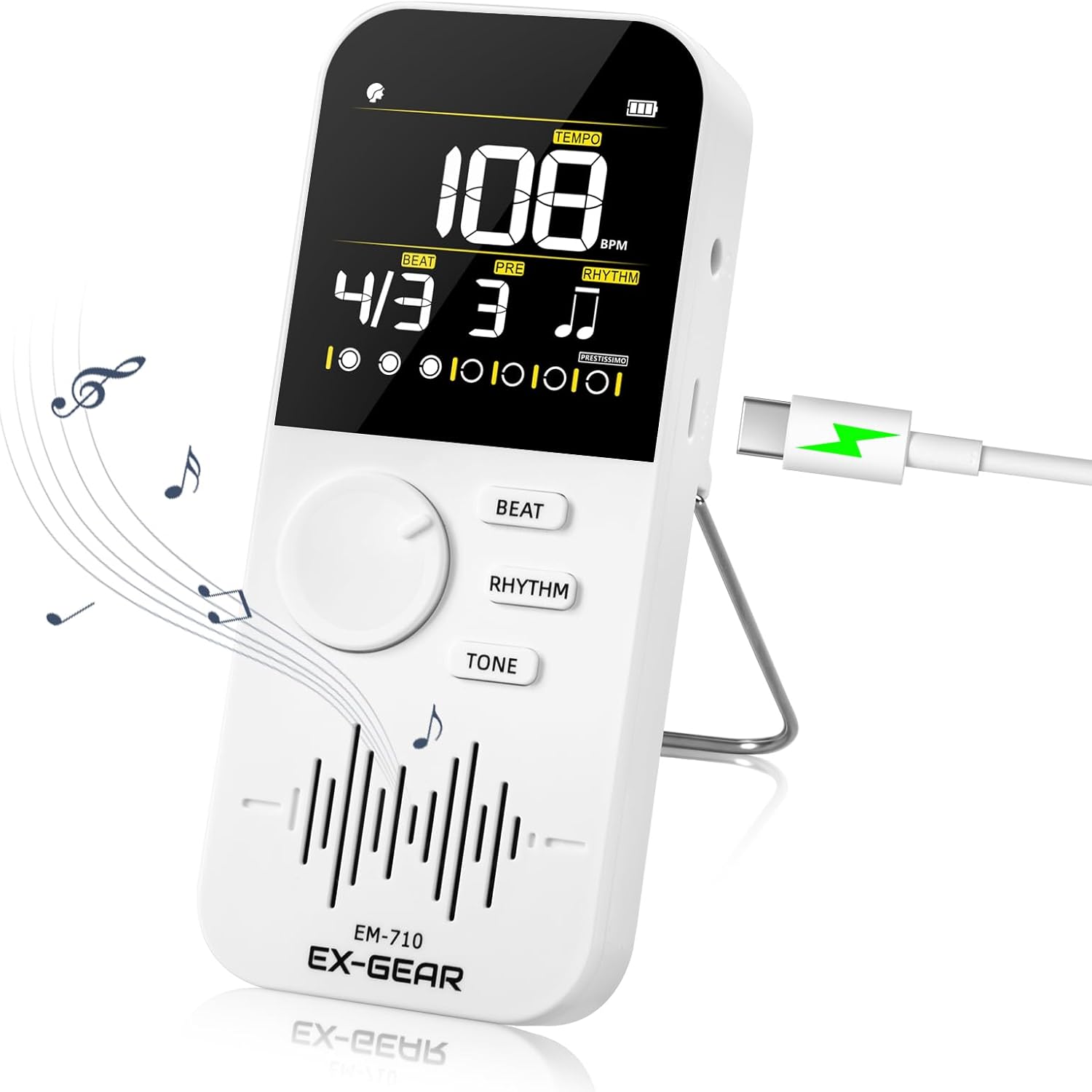 EX GEAR digital metronome with rechargeable battery and color LCD screen, showing tempo controls and digital display.