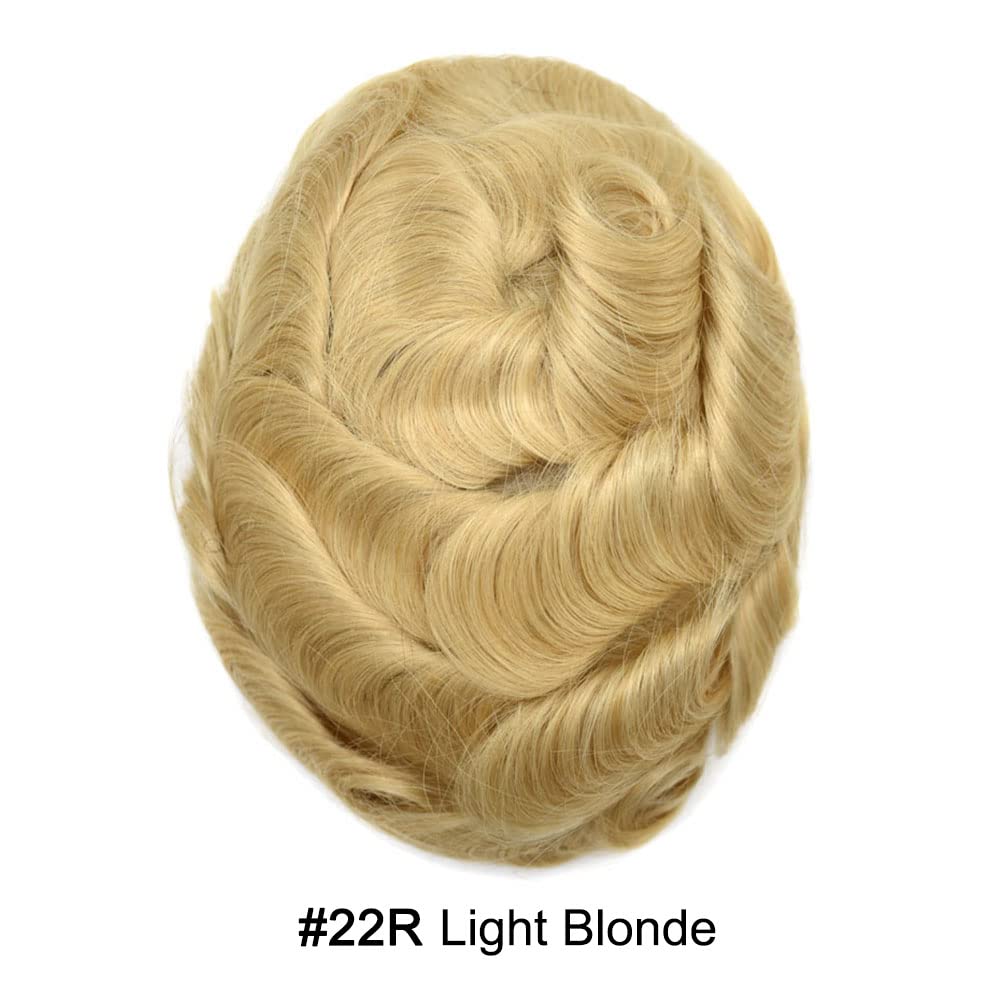 Curve Hair Mens Toupee Human Hair Piece Replacement System Monofilament Wig Hair Unit for Men Durable Poly Coated Mens Hairpiece (#22R Light Blonde, 7"X10")