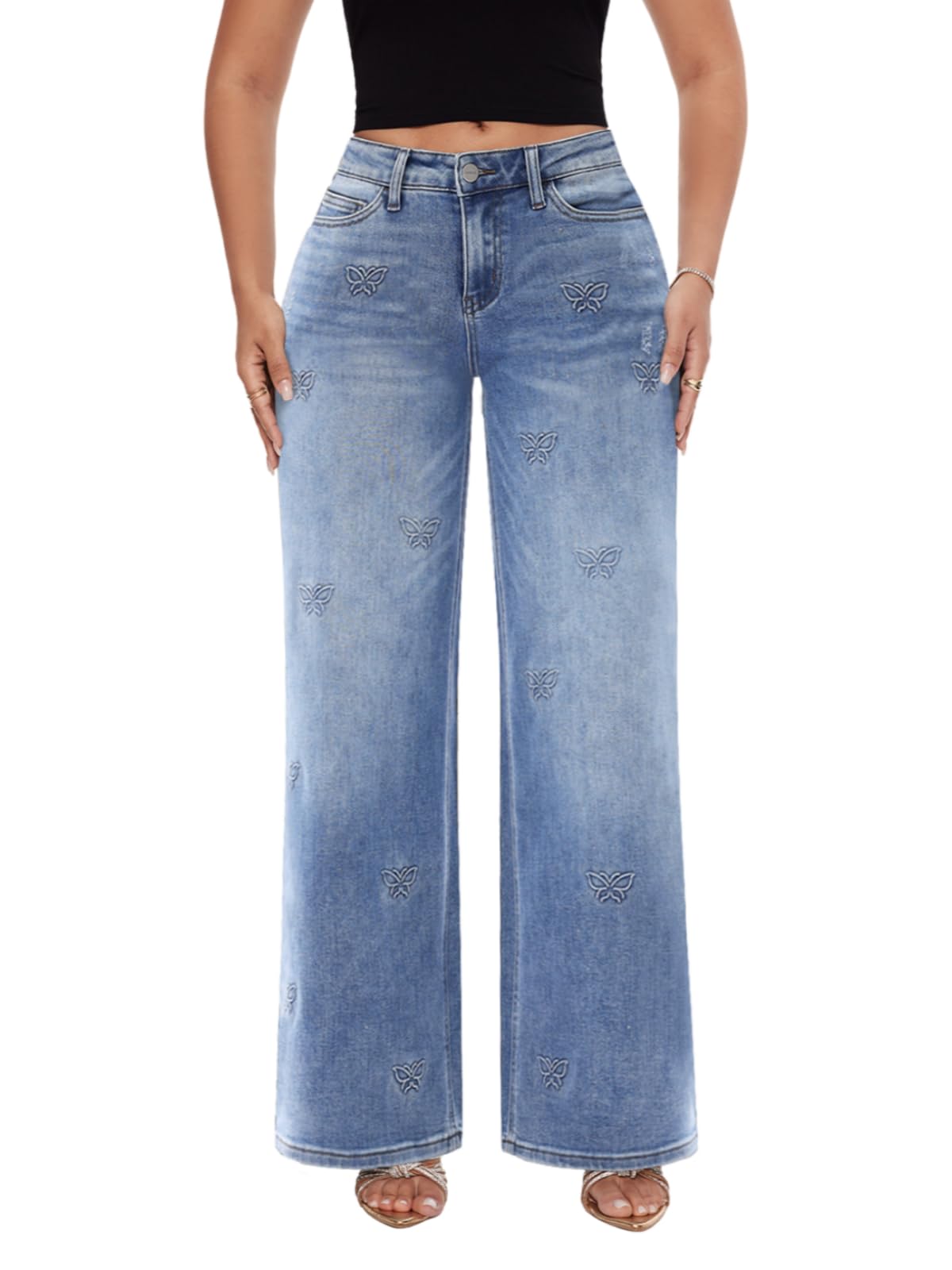 ONESO Wide Leg Jeans for Women Mid Low Rise Baggy Stretchy Denim Pants - View 8