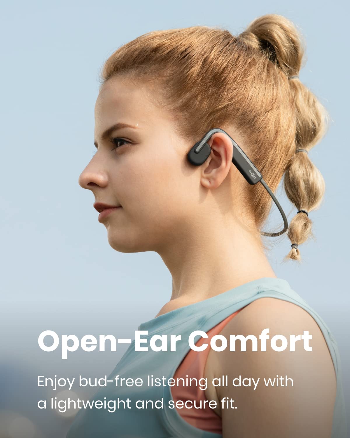 SHOKZ OpenMove bone conduction wireless headphones in grey, open-ear design, ideal for running and workouts, sweatproof.