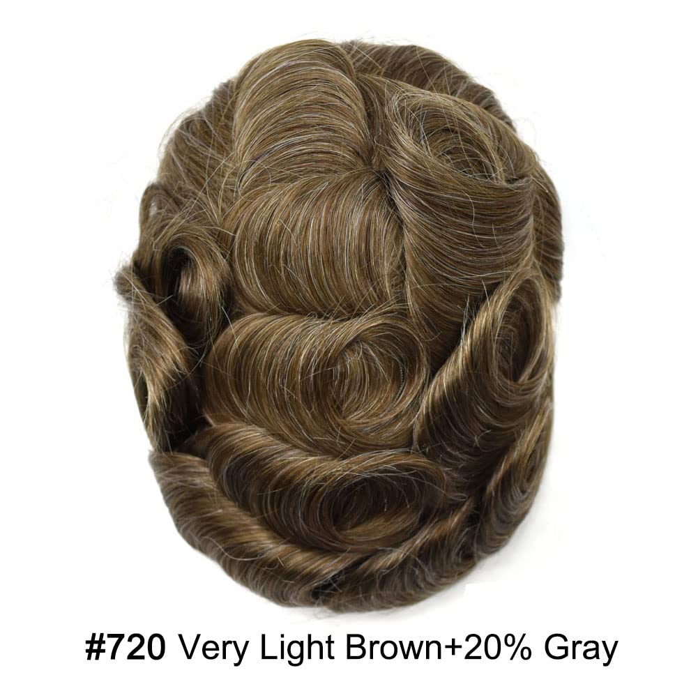 Curve Hair Mens Toupee Human Hair Piece Replacement System Monofilament Wig Hair Unit for Men Durable Poly Coated Mens Hairpiece (#720 Very Light Brown+20% Gray, 7"X9")