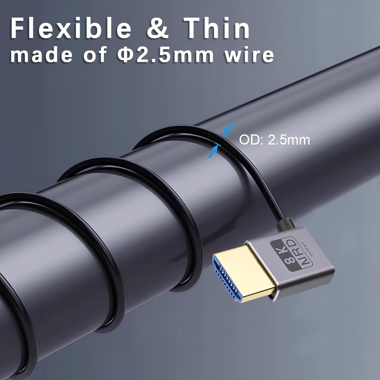 Duttek coiled right angle HDMI cable with 1.5ft length, 8K@60Hz support, 48Gbps, coaxial design, thin and flexible.