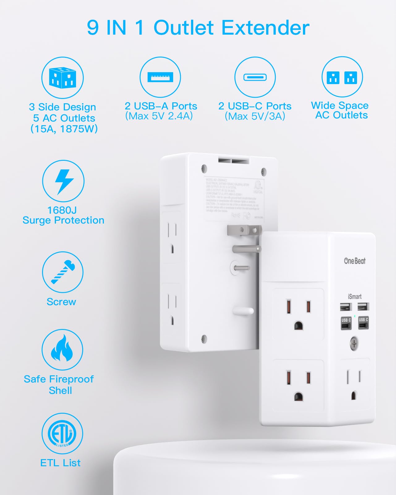 One Beat Surge Protector Wall Outlet Extender,3-Sided Outlet Splitter 1680J - One Beat Official Product View 2