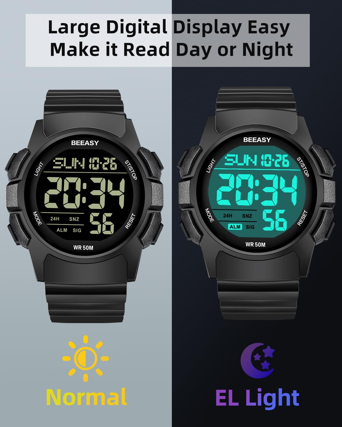 Beeasy Mens Digital Sports Watch 50M Waterproof 49mm Rubber - Beeasy Official Imagery - 6