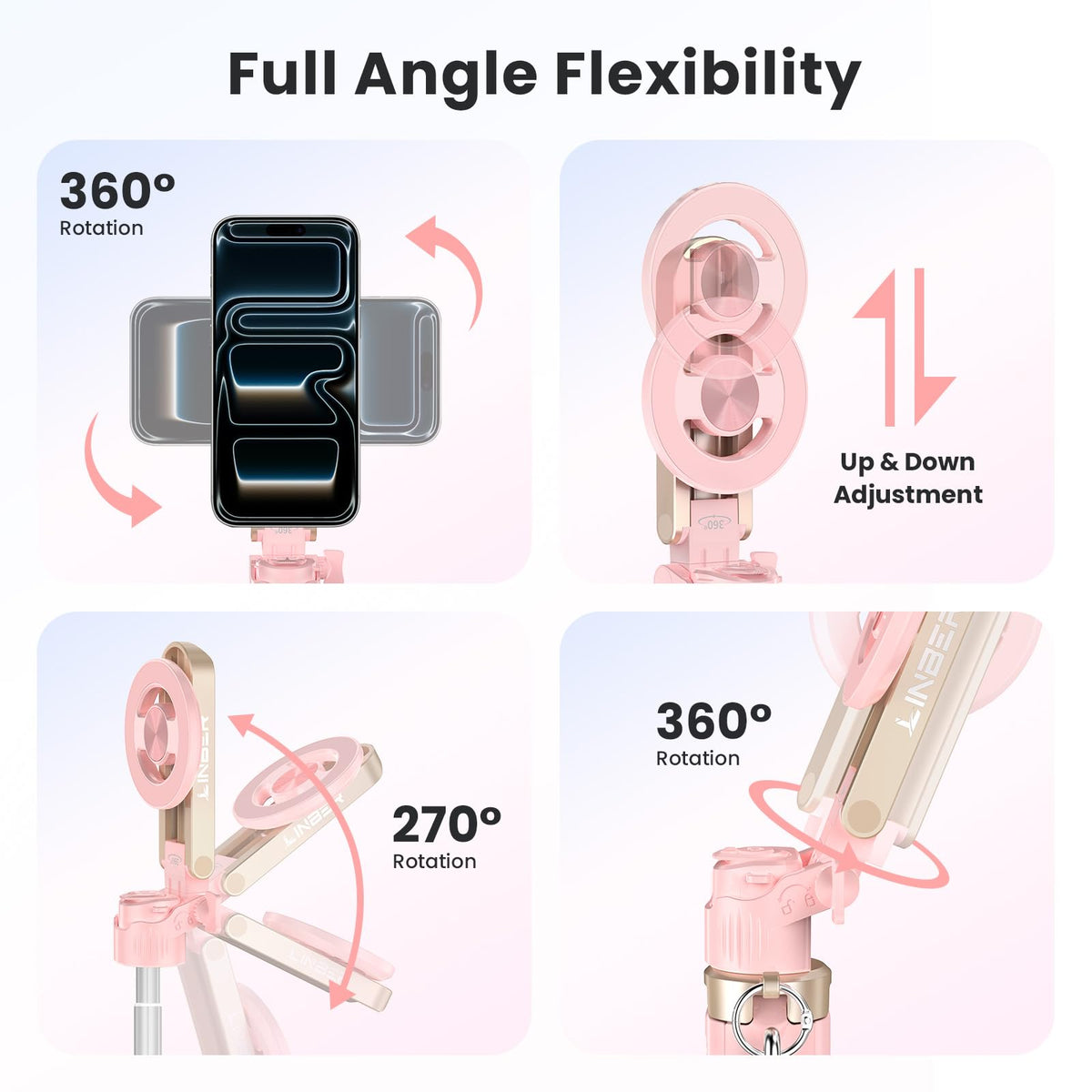 Magnetic Selfie Stick Tripod for iPhone Android MagSafe Pink - Linber Official Imagery - 4