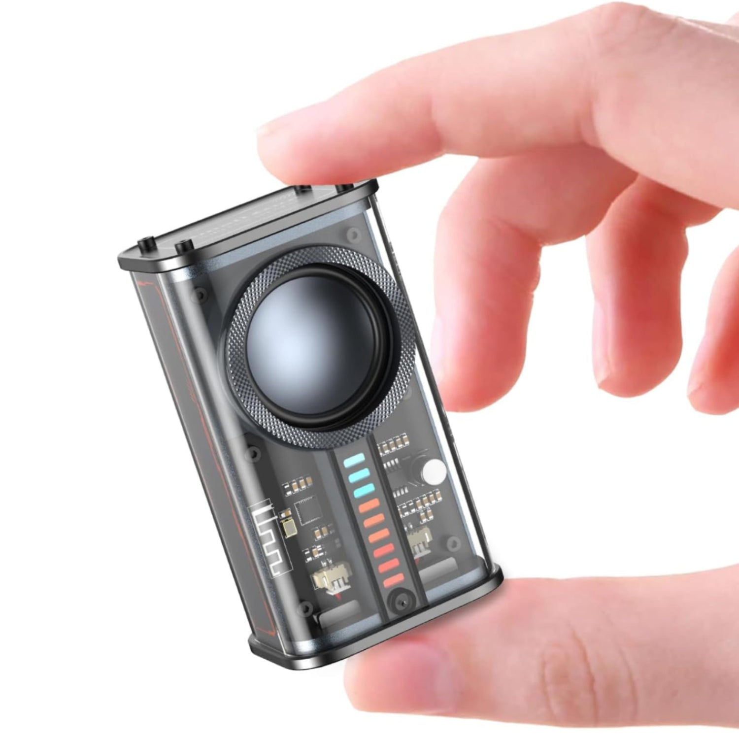 Black BSZHI transparent wireless Bluetooth portable mini speaker showing compact design and control buttons on top.