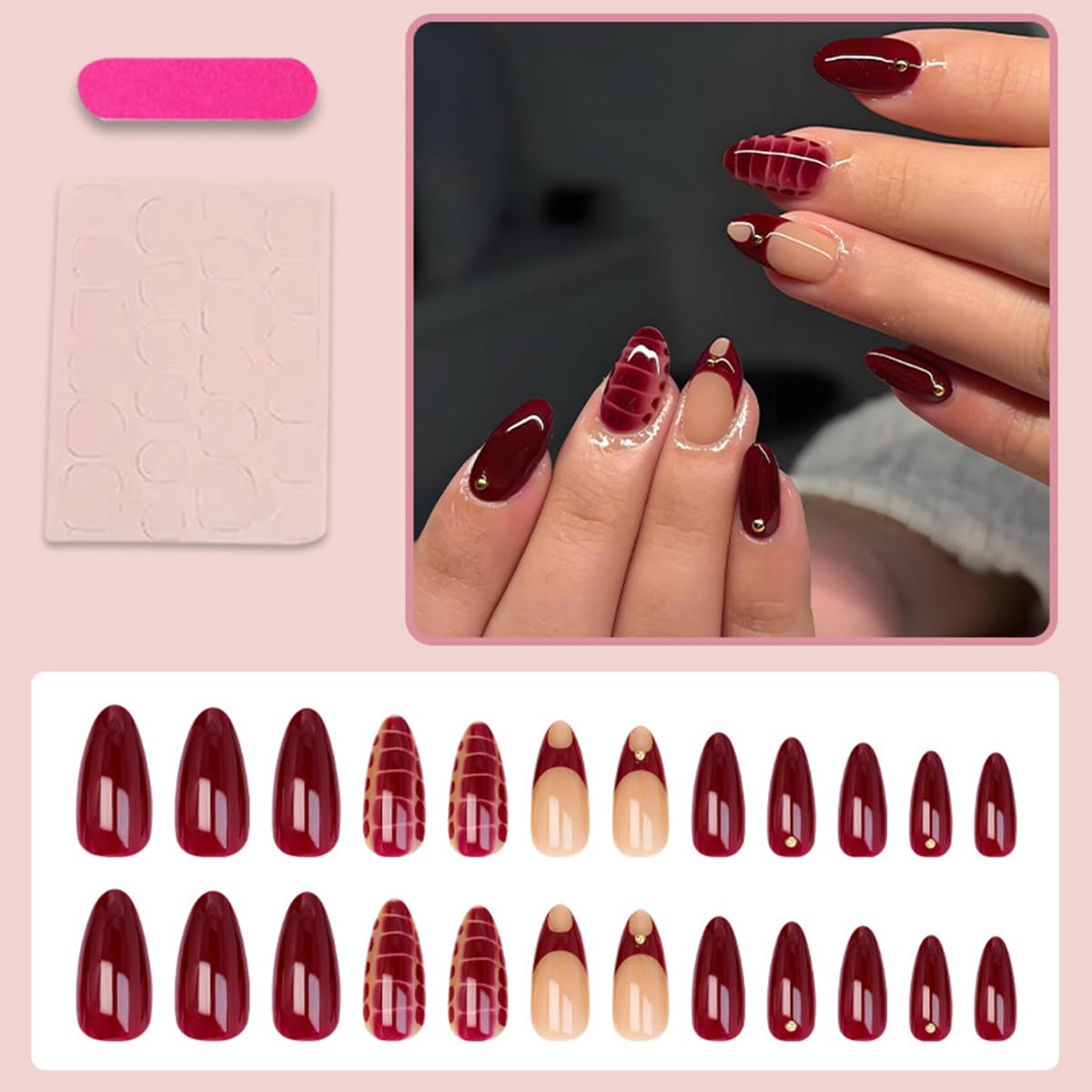 24Pcs Wine Red Press on Nails Medium Almond Fake Nails Press ons Nail Art Kit with Leopard Print Gold Beads Designs French Tips False Nails Full Cover Acrylic Stick on Nail for Women Manicure