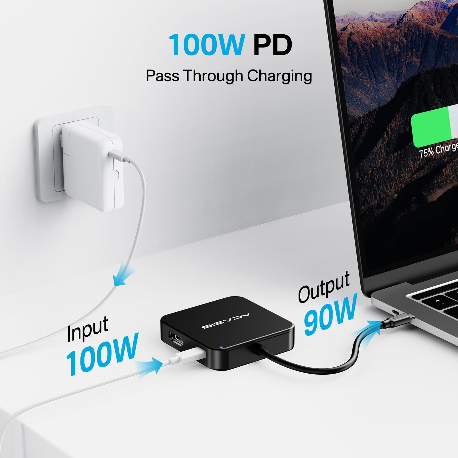 ACASIS USB C hub with 4K HDMI port and multiple connections, designed for laptops and MacBooks, featuring sleek black design.