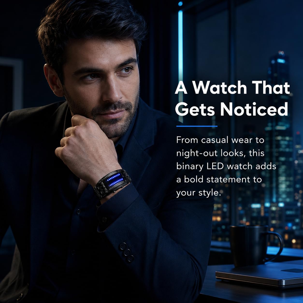 FANMIS Creative Mens Binary Matrix Blue LED Digital Watch Black Plated LED - FANMIS Official Product View 3