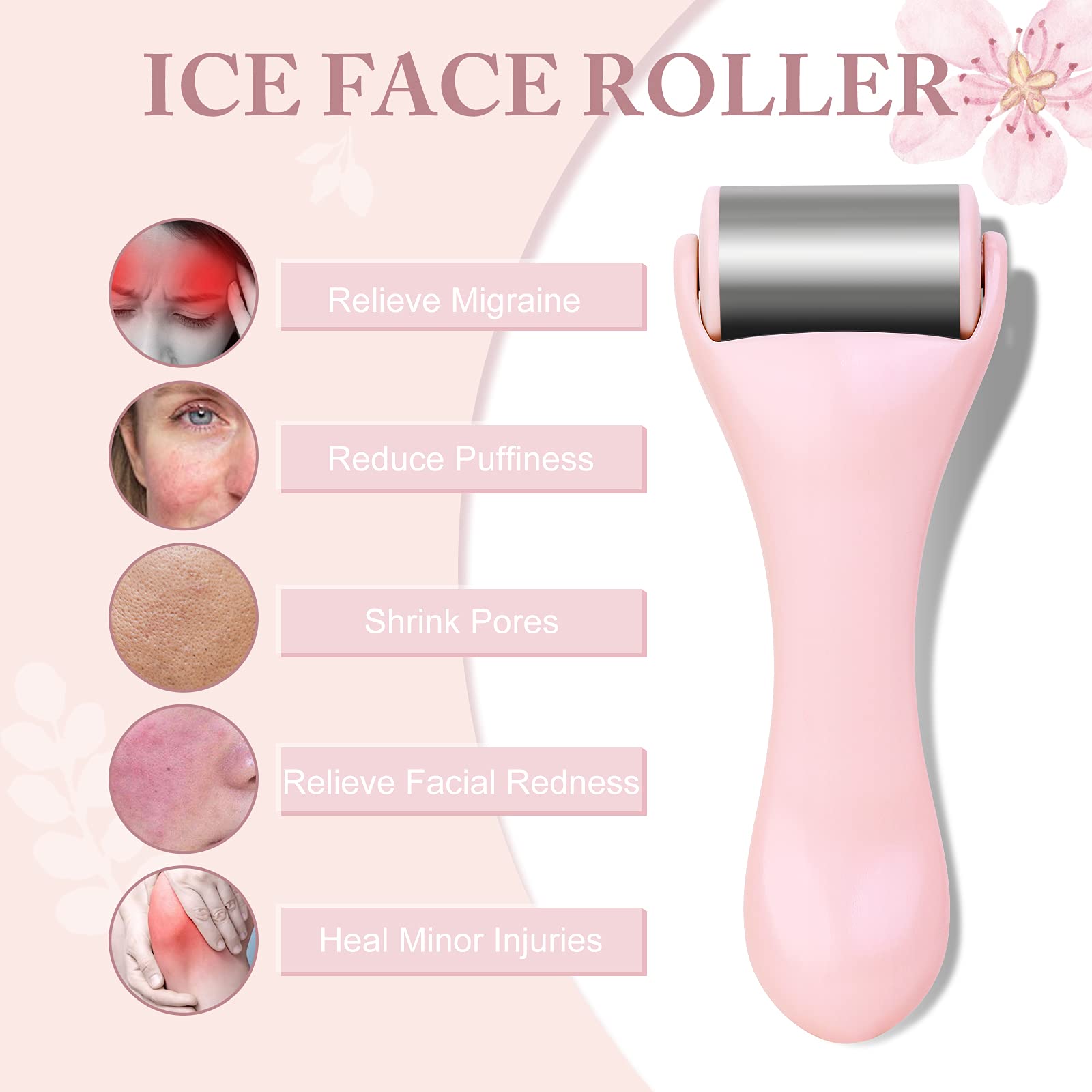 Pink MAANGE stainless steel face ice roller for beauty, showing the sleek roller tool used for facial cooling and skin soothing.