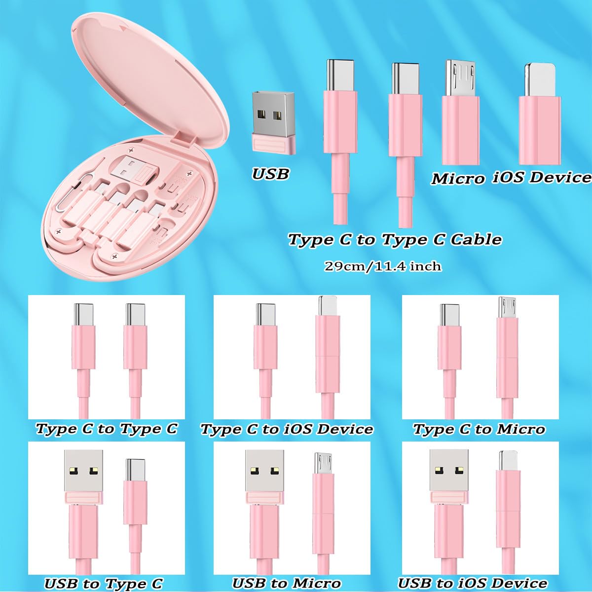 Blue Azvegr multi USB charging adapter cable kit with USB-C, iOS, Micro USB adapters, data transfer, card storage, phone holder, and eject pin.