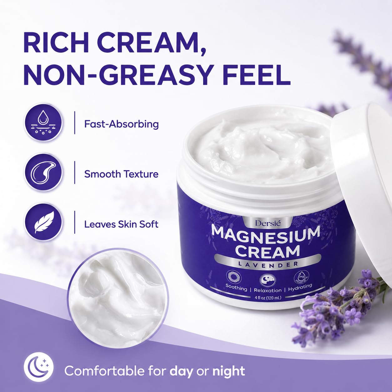 Dersie Magnesium Relief Cream for joints, legs, and feet in a 4 oz skin moisturizer jar, showing the product container.