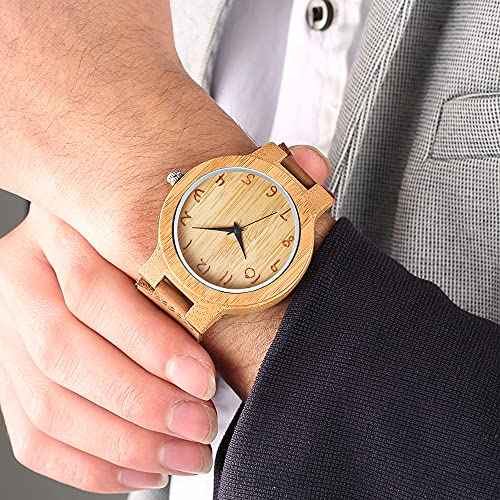 Tiong Men's Quartz Wooden Watch, Square Dial Leather Strap, - Product Imagery