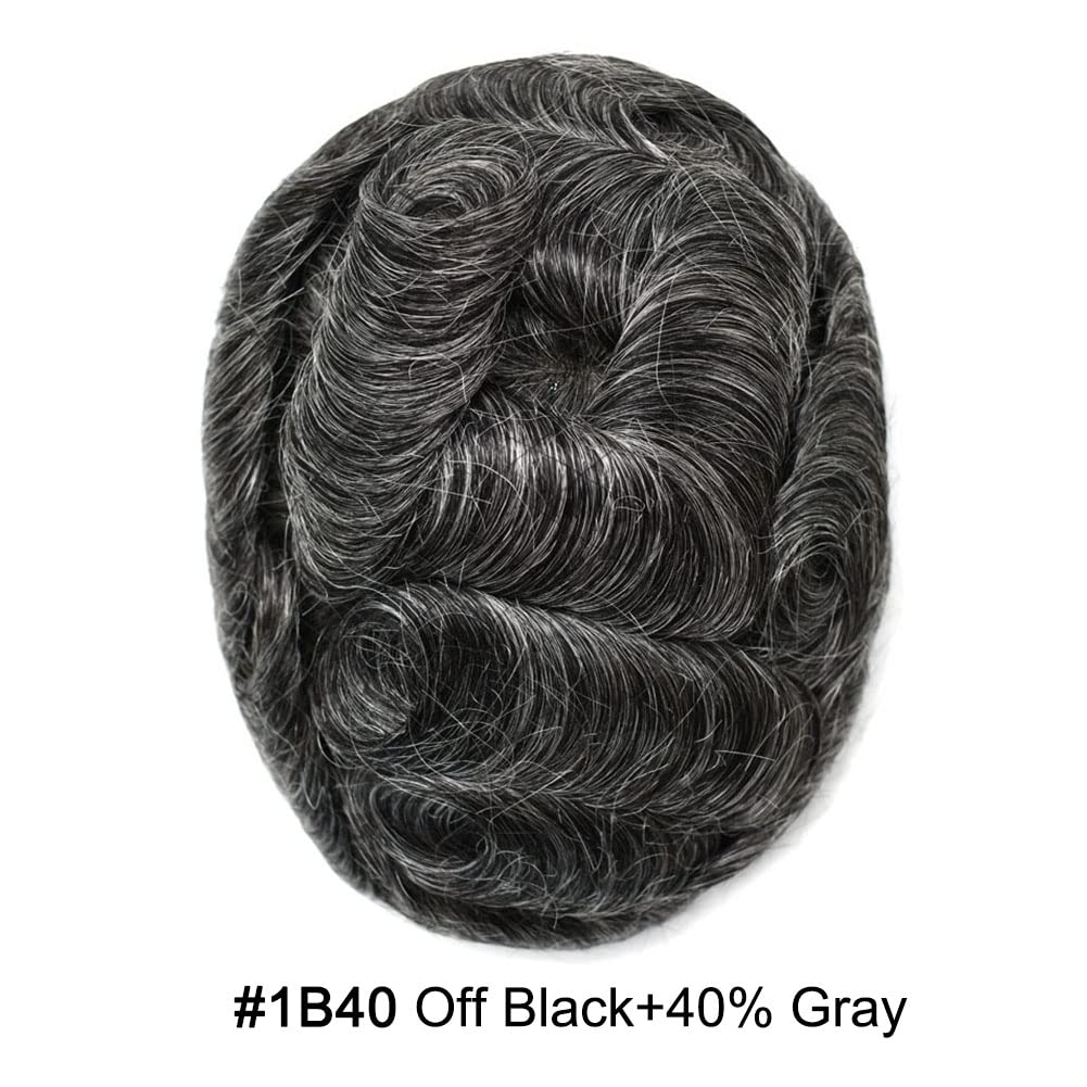 Curve Hair Mens Toupee Human Hair Piece Replacement System Monofilament Wig Hair Unit for Men Durable Poly Coated Mens Hairpiece (#1B40 Off Black+40% Gray, 6"X9")