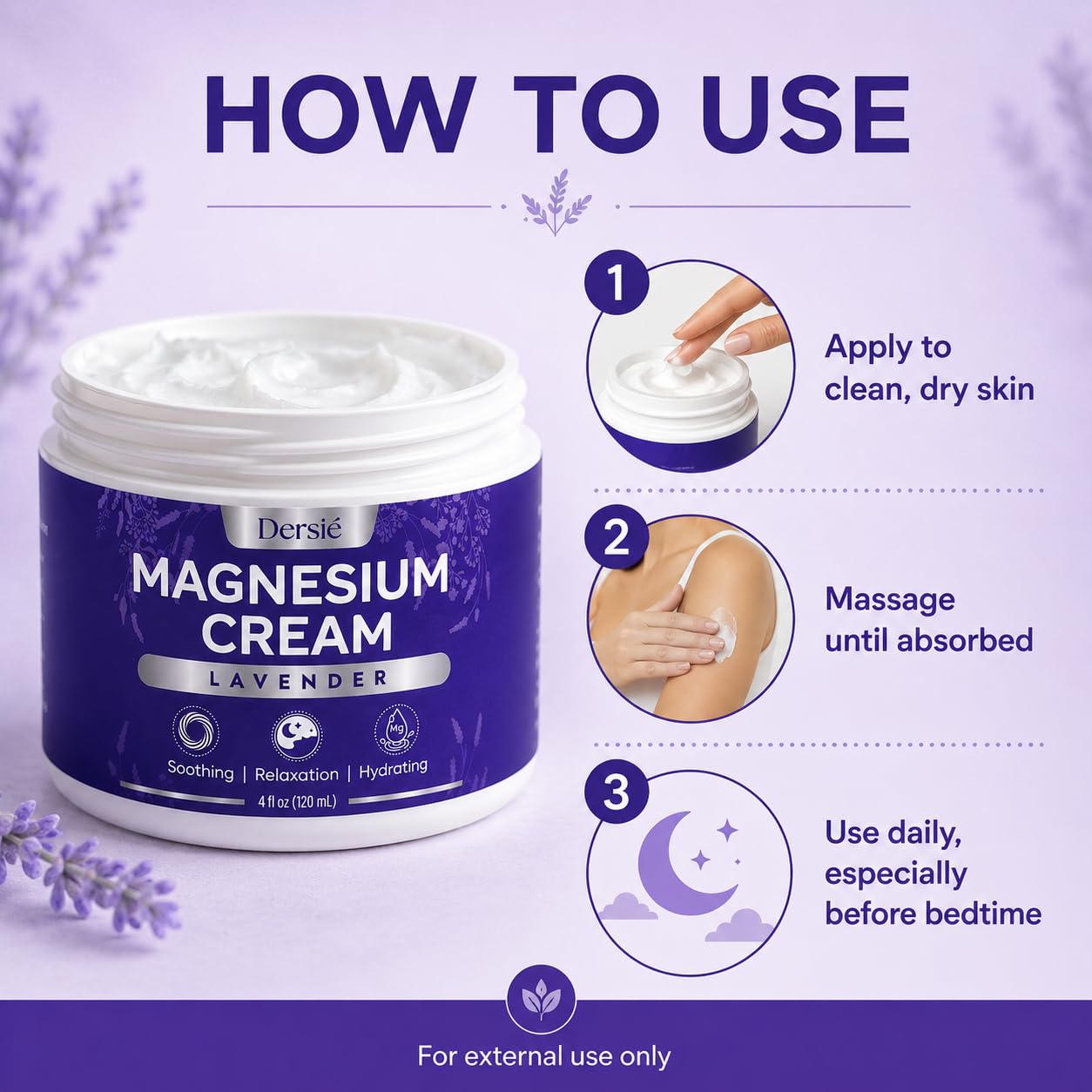 Dersie Magnesium Relief Cream for joints, legs, and feet in a 4 oz skin moisturizer jar, with a white and blue label.