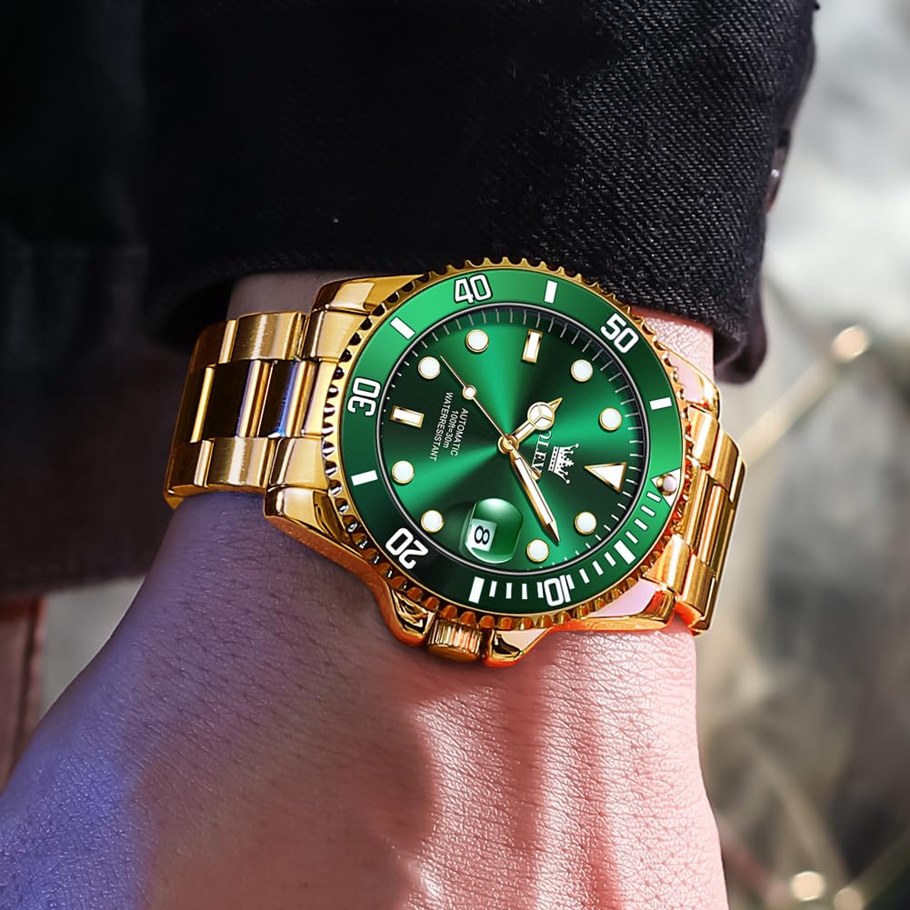 OLEVS Men's Luxury Gold Automatic Watch Green Dial Luminous