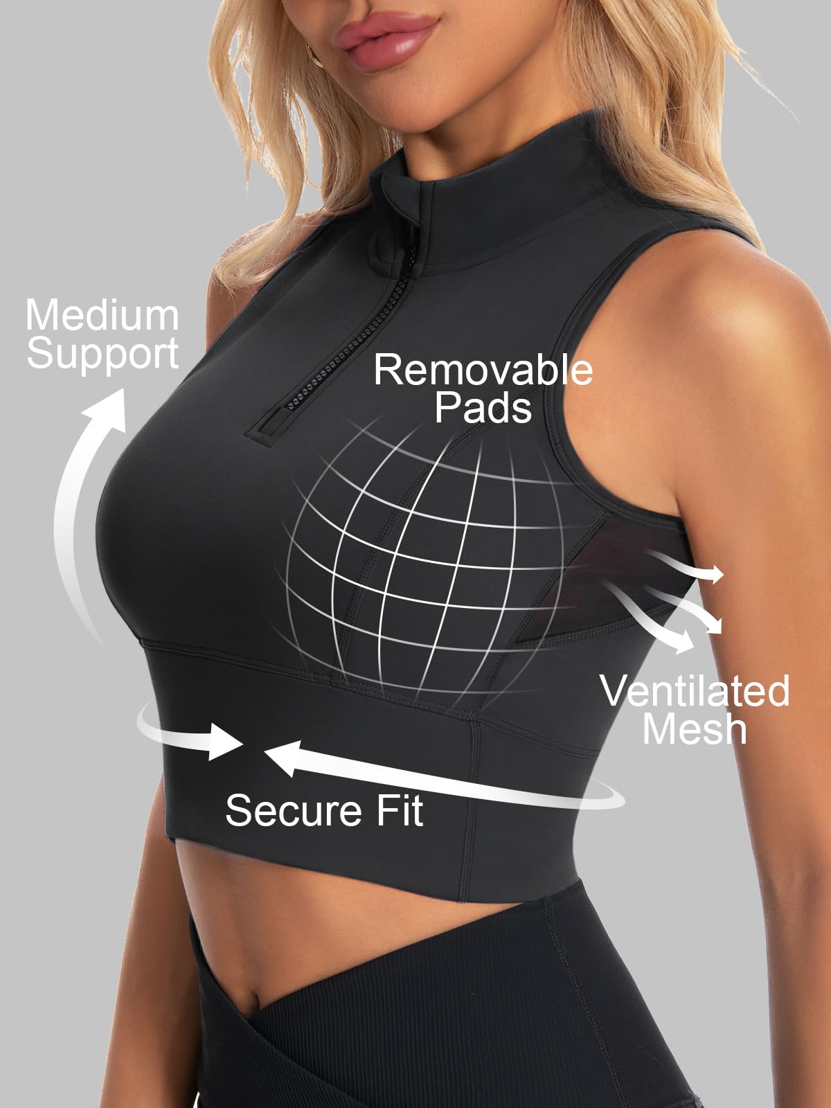 AARYA Zip Front Cropped Workout Tank Tops with Built in Bra - AARYA Official Imagery - 4