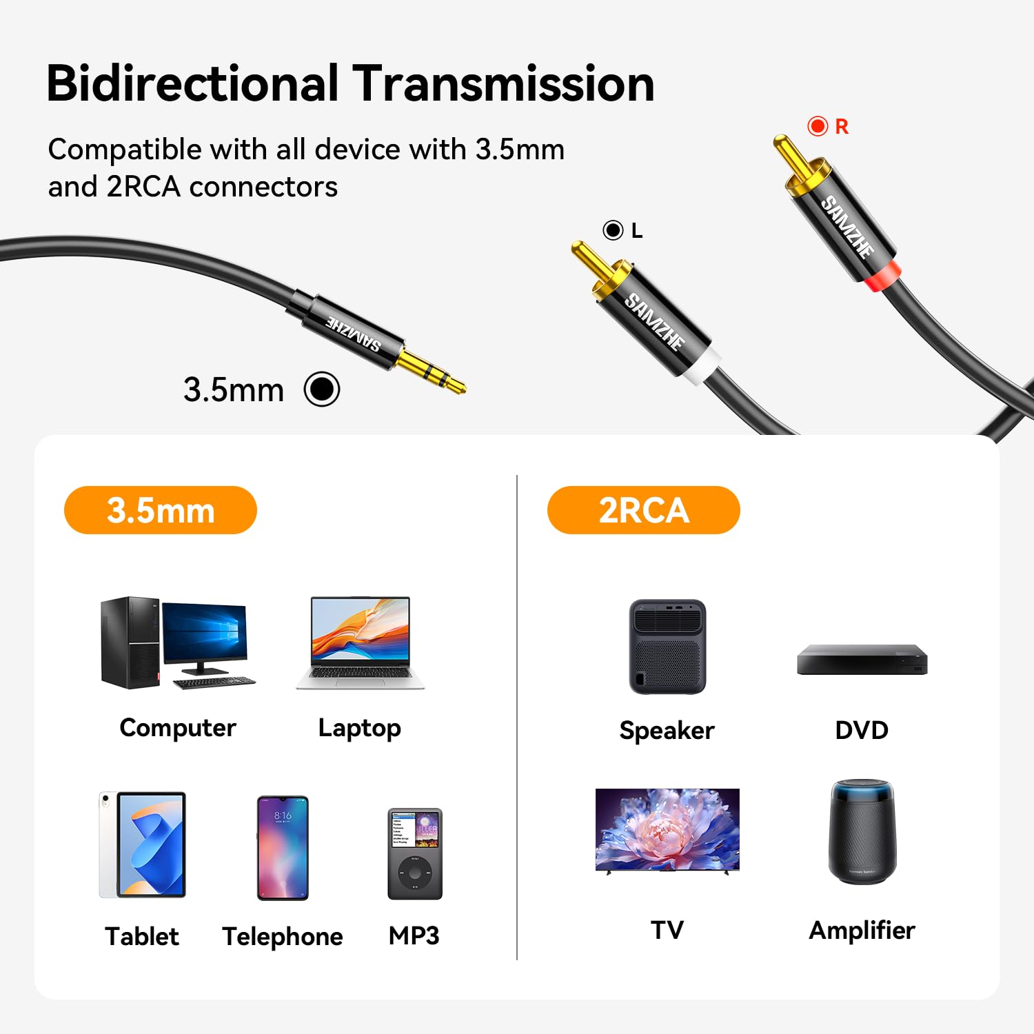 SAMZHE 3.5mm to RCA Cable, 6.6FT RCA Male to Aux Audio Adapter Hi by SAMZHE - Angle View 4