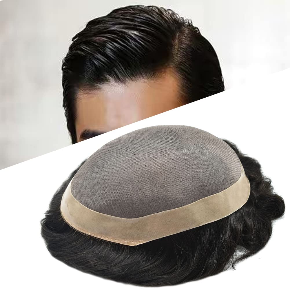 Curve Hair Mens Toupee Human Hair Piece Replacement System Monofilament Wig Hair Unit for Men Durable Poly Coated Mens Hairpiece (#1 Jet Black, 5"X7")