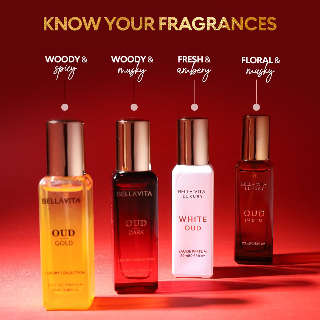 BellaVita Luxury Oud Experience Gift Set with four 20ml bottles of premium Arabic unisex perfumes, elegant packaging.