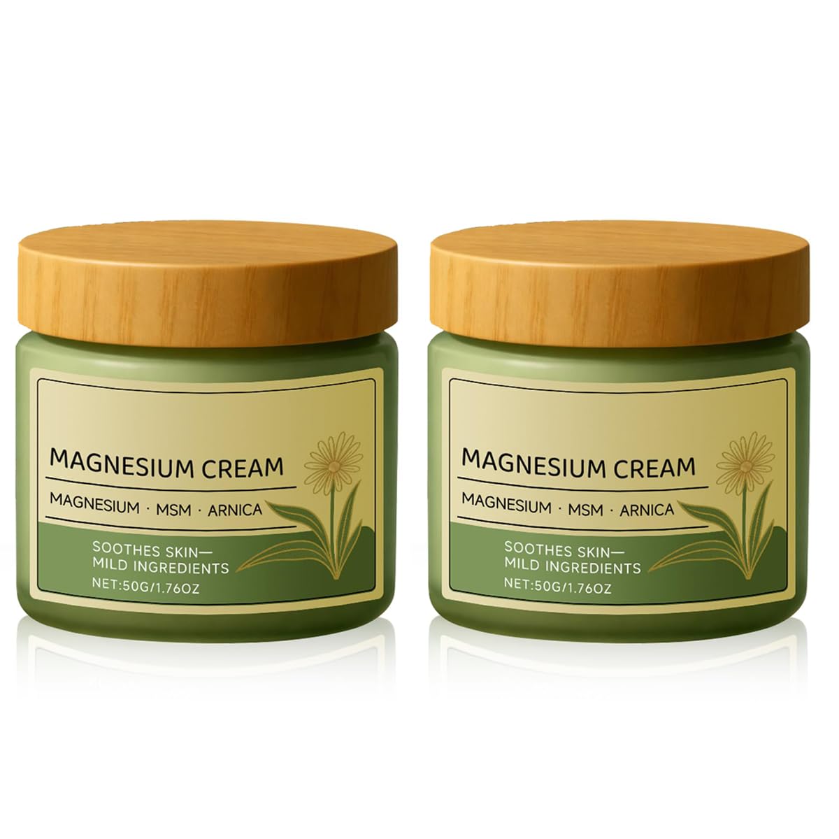 ScontLuy Magnesium Cream with MSM and arnica, two 50g skin moisturizer jars, displayed with ingredients and product labeling.