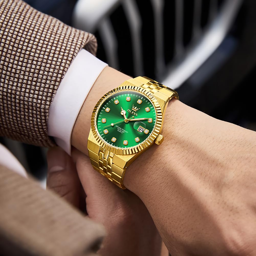 OLEVS Men's Green Two-Tone Diamond Luxury Dress Watch