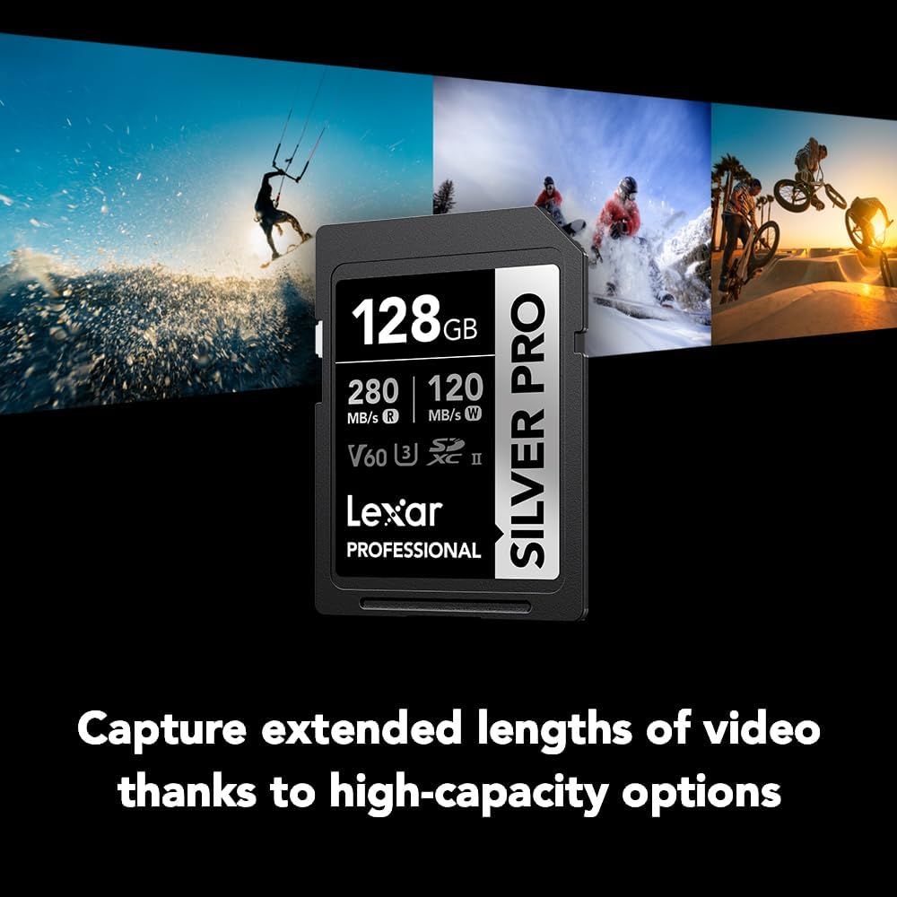 Lexar 128GB Professional SILVER PRO SD card with UHS-II, C10, U3, V60 speed class, suitable for Full HD video recording