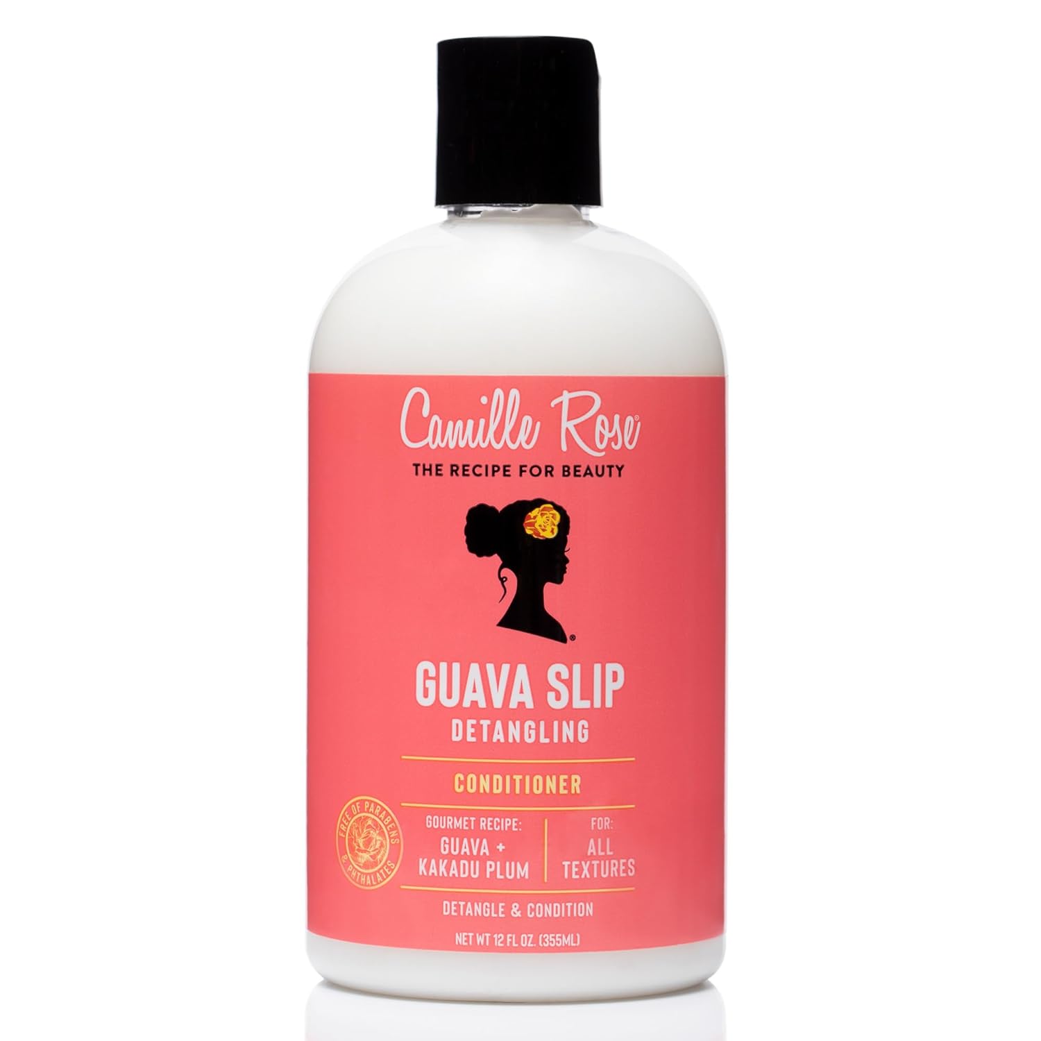 Camille Rose Guava Slip Detangling Conditioner bottle with guava and Kakadu plum ingredients, designed for smooth, manageable hair.