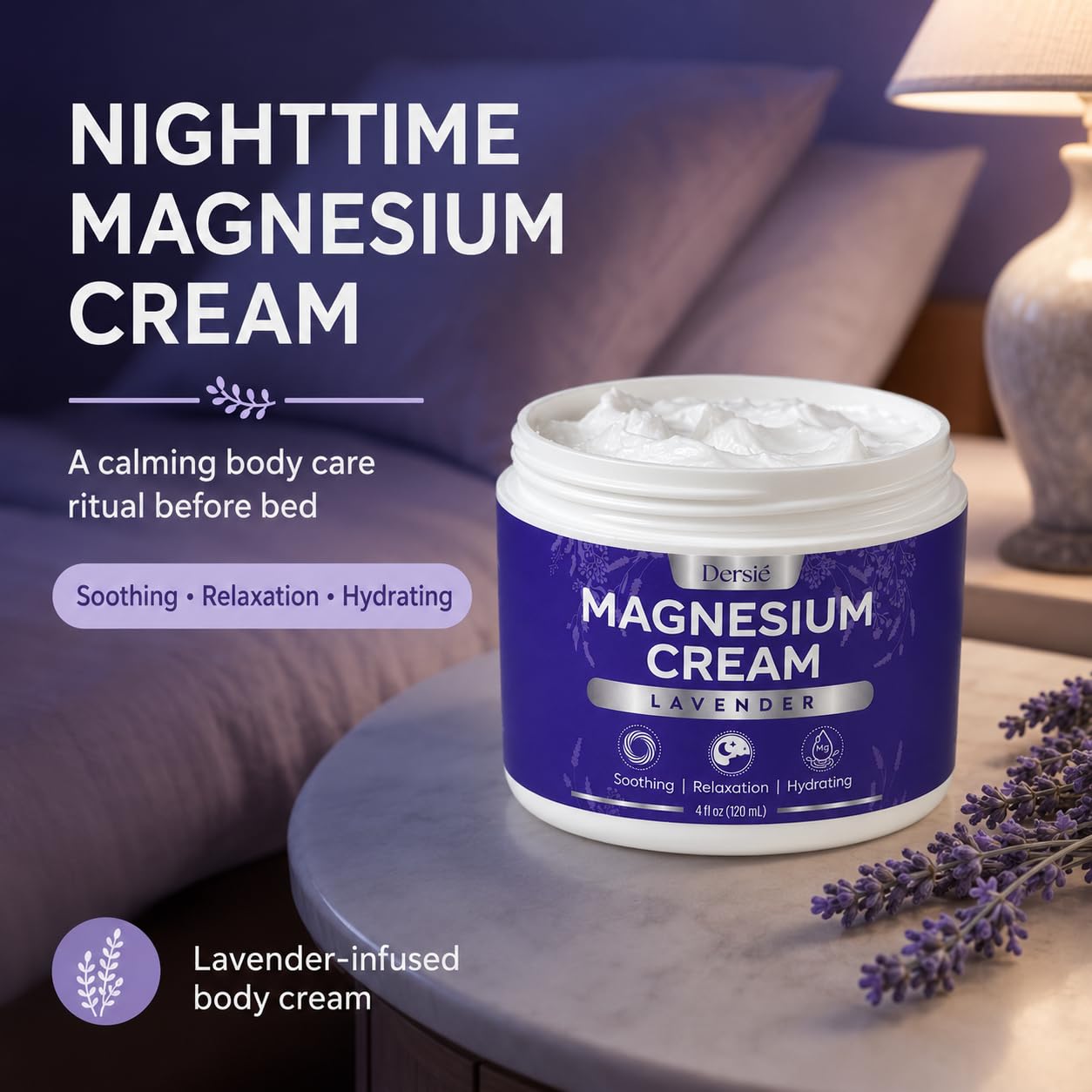 Dersie Magnesium Relief Cream for joints, legs, and feet in a 4 oz skin moisturizer jar, showing the cream and packaging.