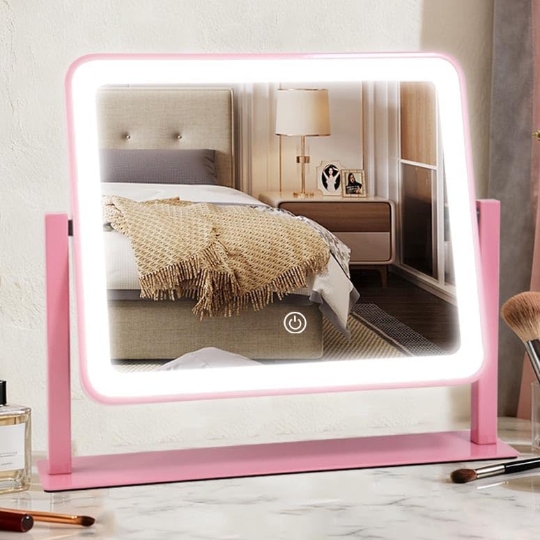 YEKKOPT Led Desk Vanity Mirror with Lights,10"×12" Pink Rechargeable Makeup Mirr - YEKKOPT Official Product View 1