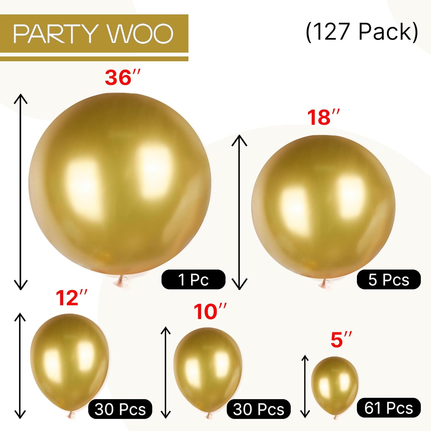 PartyWoo gold balloons in various sizes, including 36, 18, 12, 10, and 5 inch, arranged for a balloon arch display.