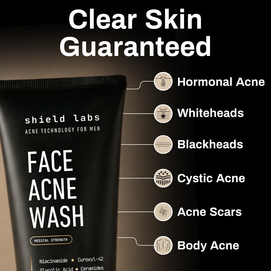 Shield Face Acne Wash for Men and Boys, Curoxyl-42 Face Wash to Clear, Treat, and Prevent Acne, Gentle formula with Niac