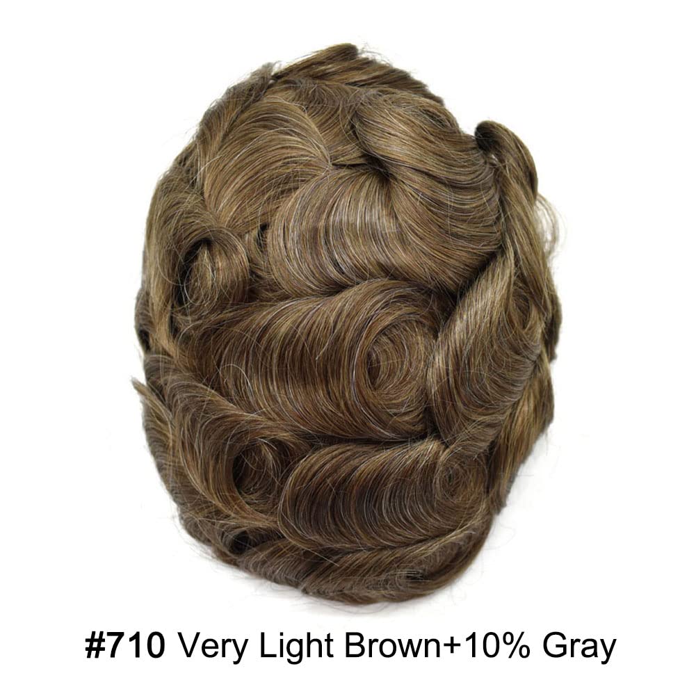 Curve Hair Mens Toupee Human Hair Piece Replacement System Monofilament Wig Hair Unit for Men Durable Poly Coated Mens Hairpiece (#710 Very Light Brown+10% Gray, 6"X9")