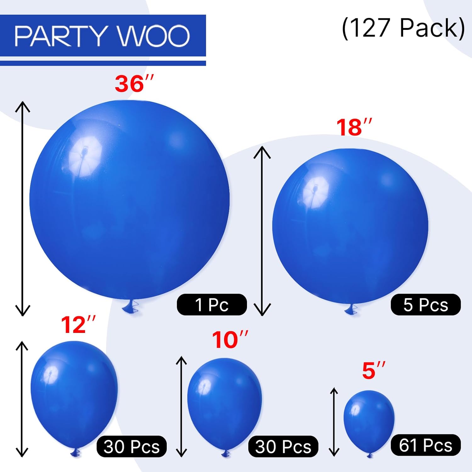 PartyWoo royal blue balloons in various sizes including 36, 18, 12, 10, and 5 inches, packed in a set of 127 balloons.