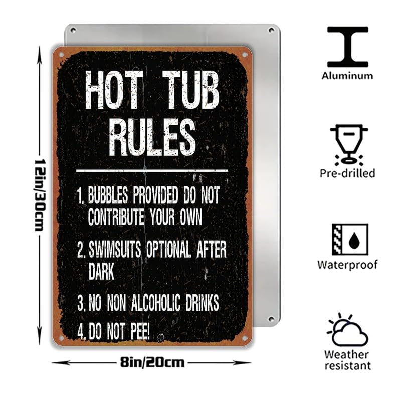 Vintage Hot Tub Rules Print Metal Sign 8x12 Inch Aluminum Retro - Product Imagery