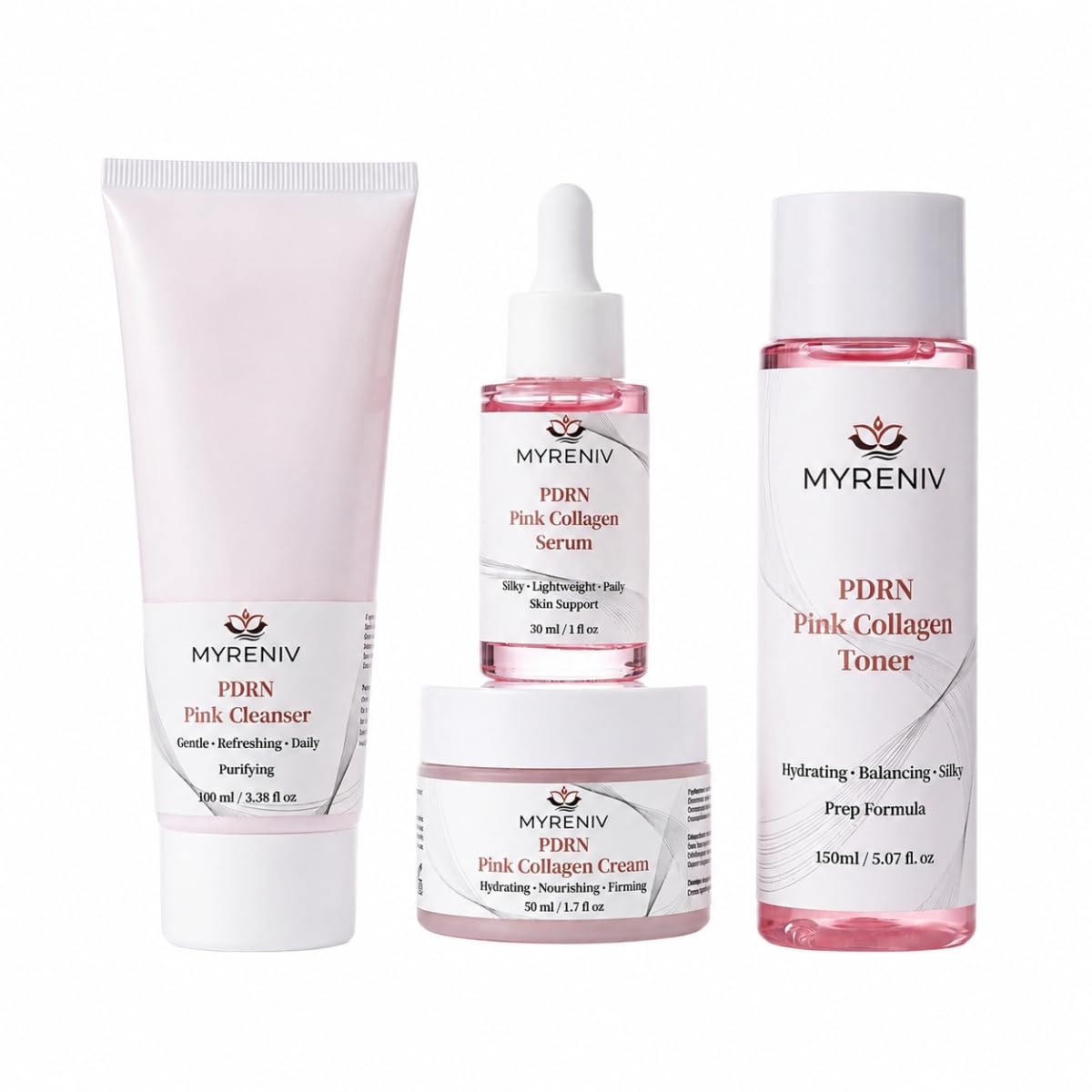 PDRN Pink Collagen 4‑Step Skincare Set – Cleanser, Toner, Serum - Product Imagery
