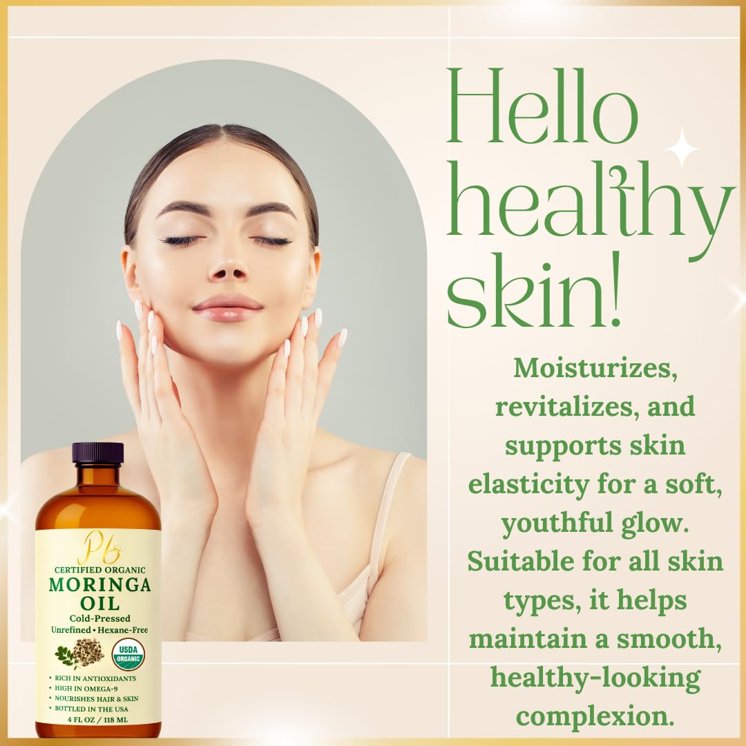 Pomberries Organic Moringa Oil for face, skin, and hair in a 4oz bottle, natural moisturizer for nourishing skin and hair.