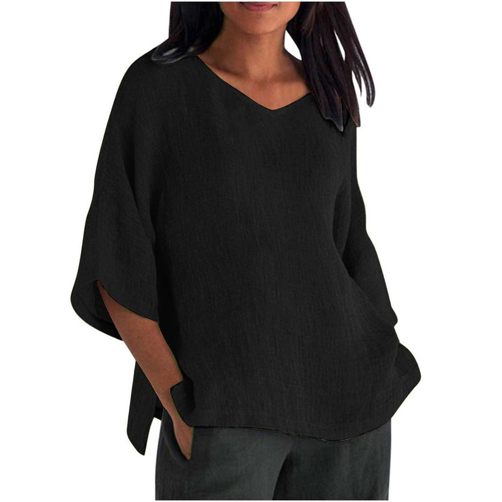 Linen Shirts for Women 2025 Summer Basic Solid Color 3/4 Sleeve Tunic - View 7
