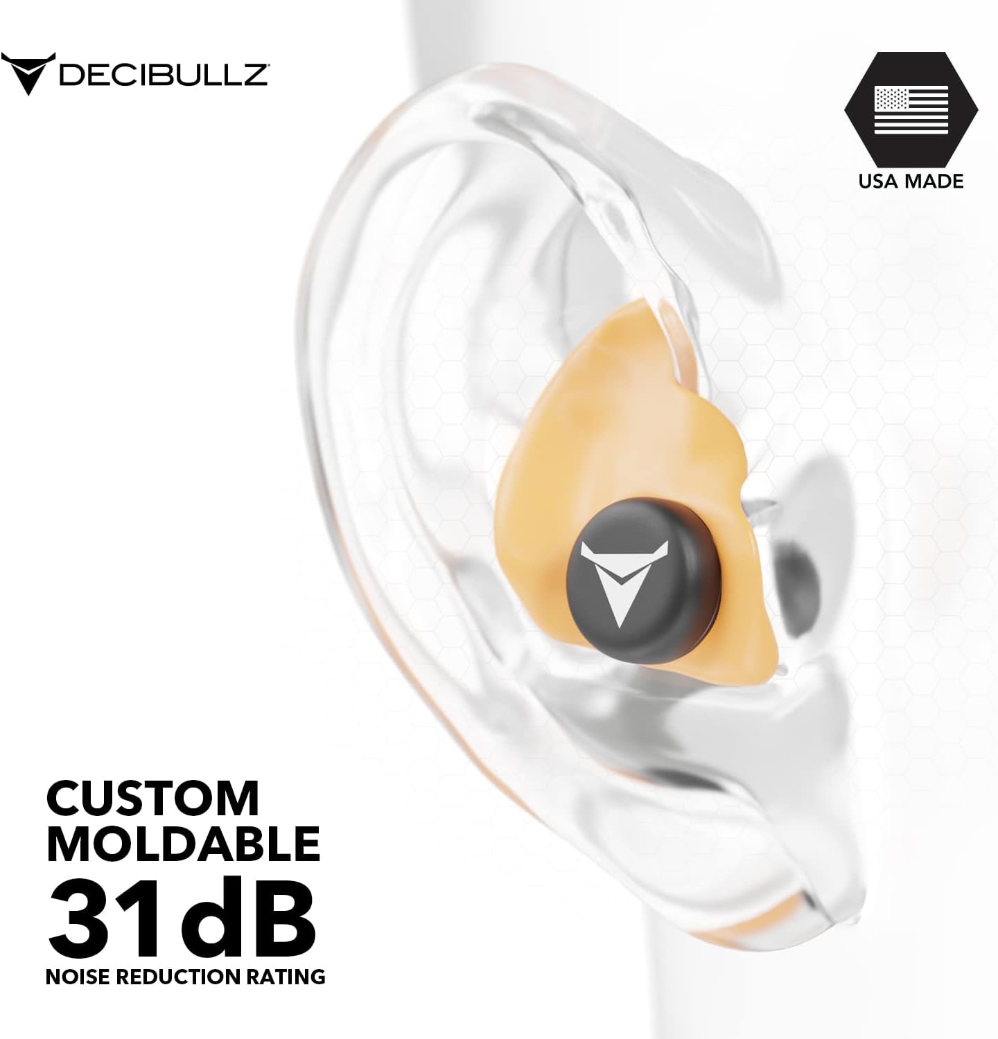 Decibullz custom molded earplugs with 31dB NRR for shooting, travel, work, and concerts, designed for comfortable hearing protection.