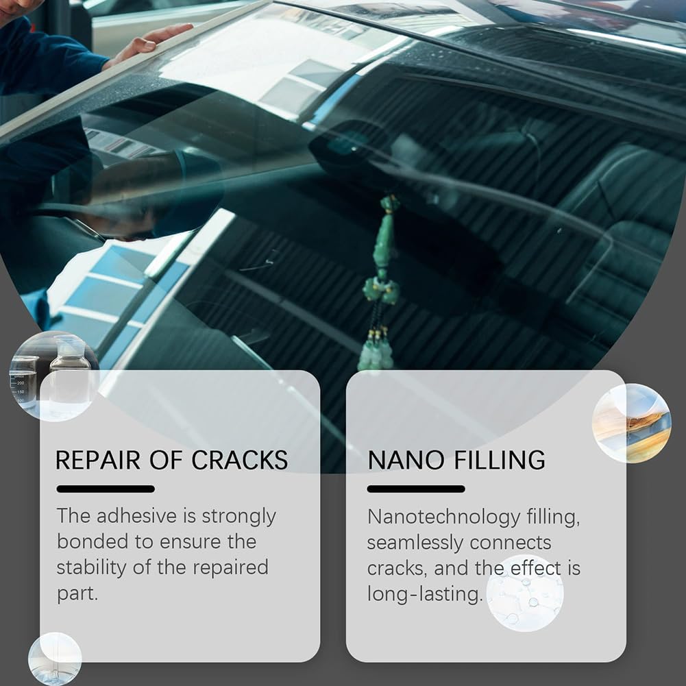 Two-piece windshield crack repair kits with glass repair liquid for quick fixes on chips, cracks, and damage on windshields, windows, and mirrors.
