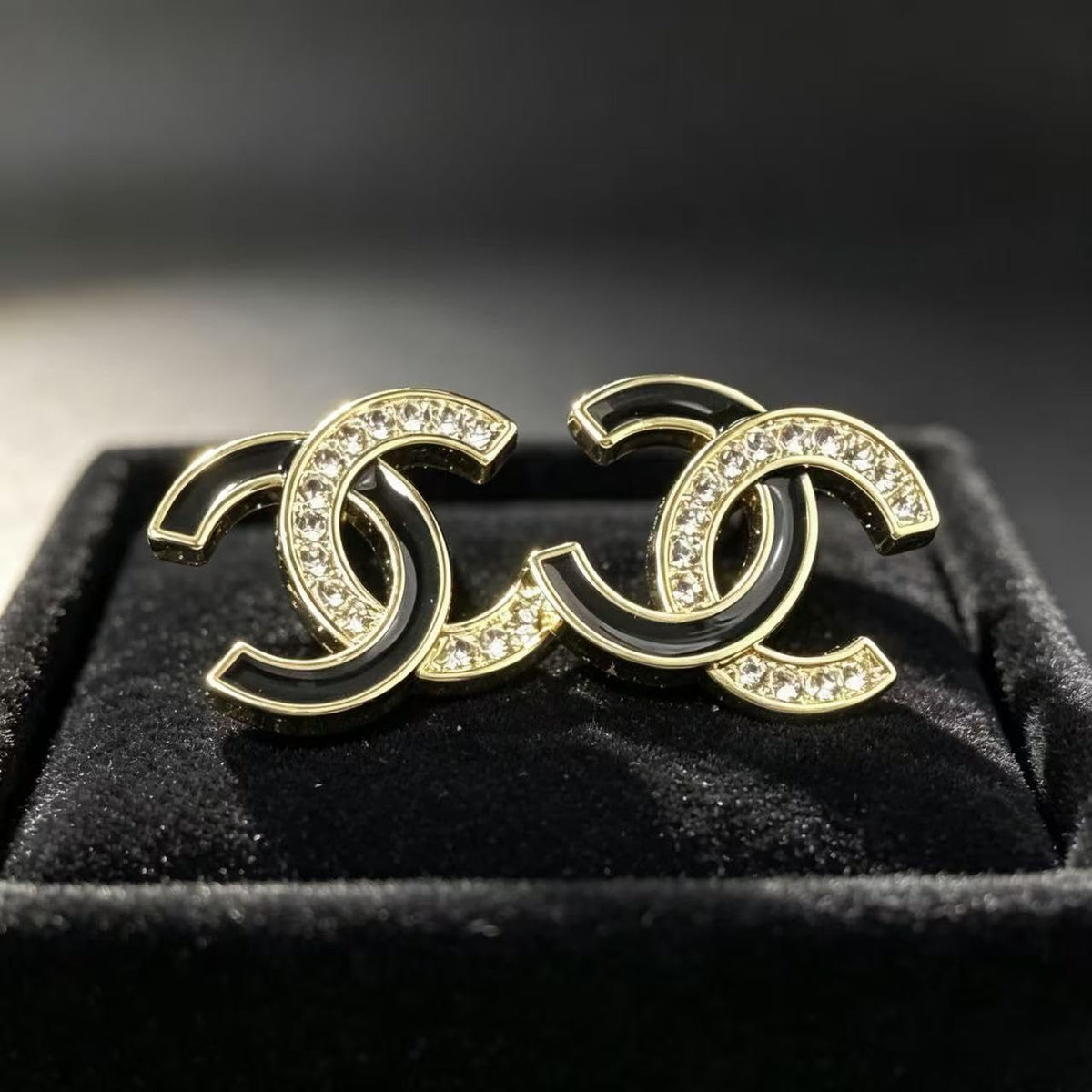 Glossy Black Enamel Rhinestone Two Tone Flat Stud Earrings - Premium Selection Official Imagery - 5